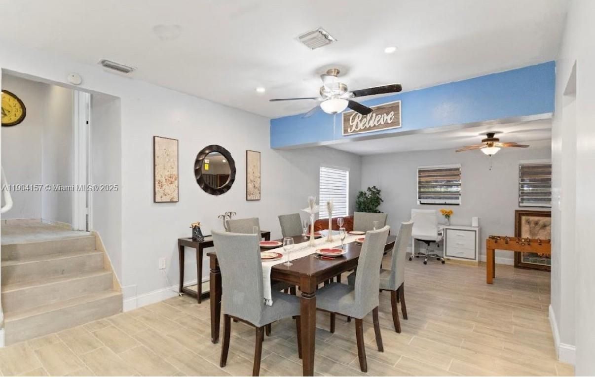 Dining room, Interior, Recessed Lighting, Wood Texture Flooring