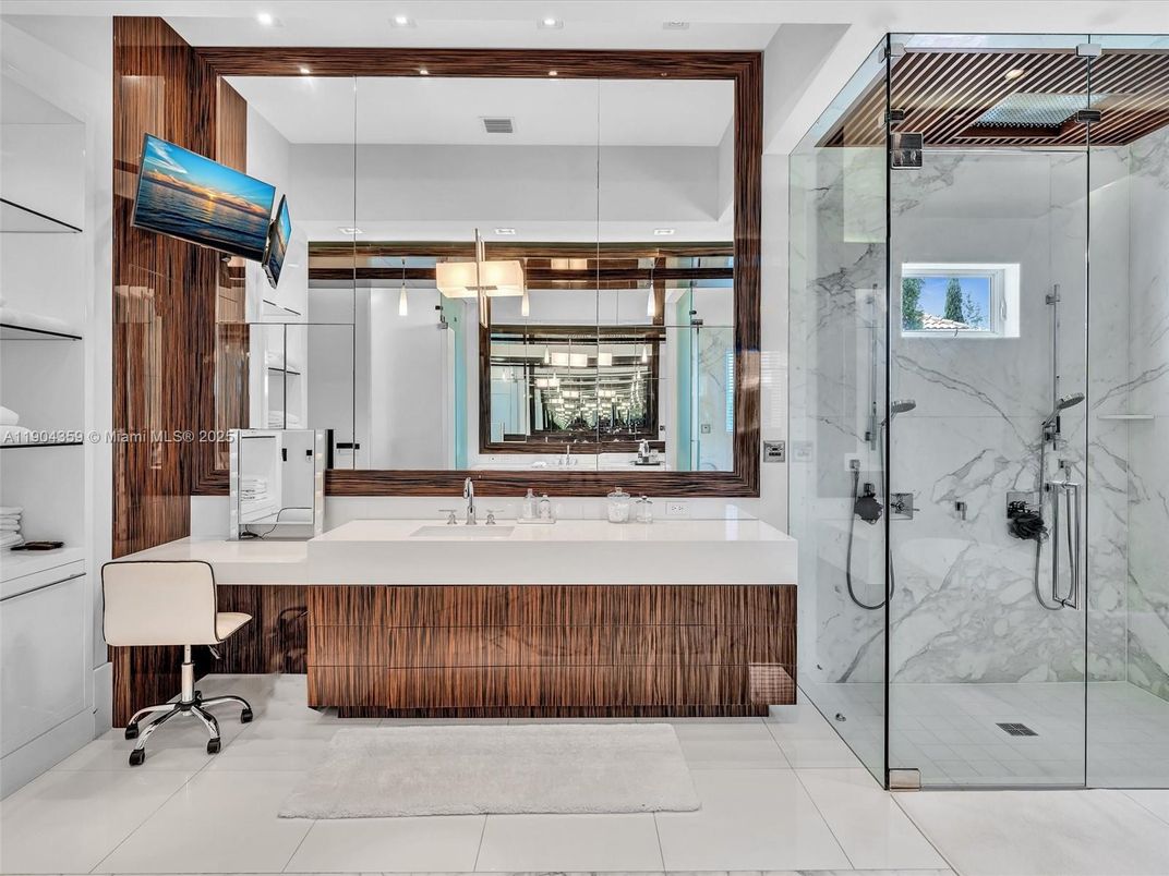Bathroom, Glass Shower, Interior, Marble Walls, Recessed Lighting