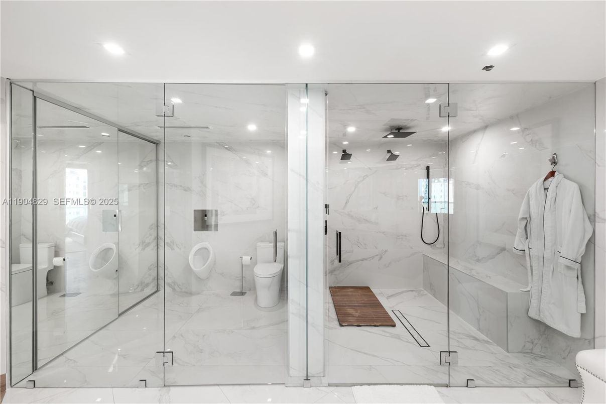 Bathroom, Glass Shower, Interior, Marble, Marble Walls, Recessed Lighting