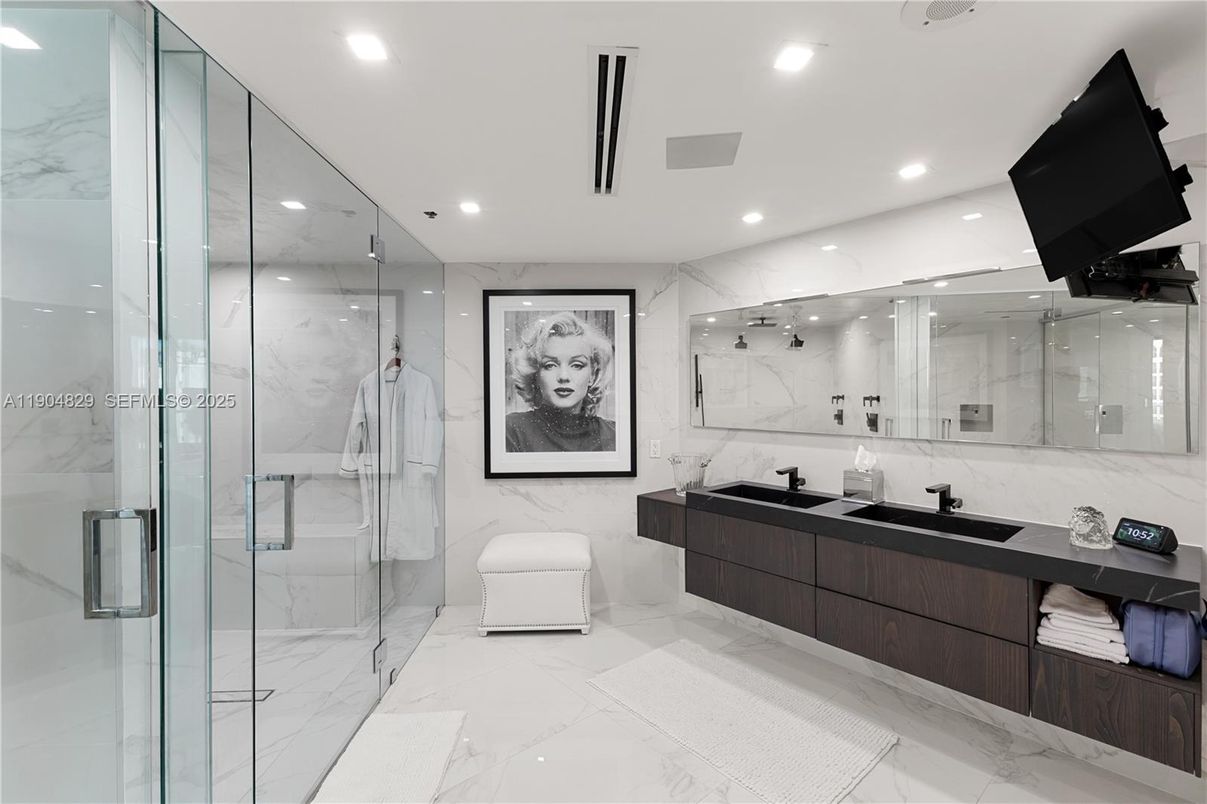 Bathroom, Dual Sink Vanities, Glass Shower, Interior, Marble, Marble Walls, Recessed Lighting