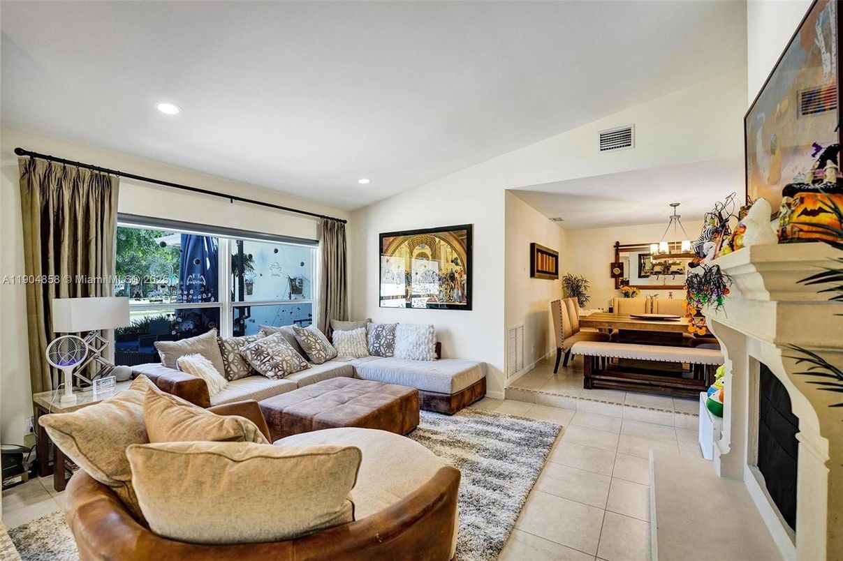 Dining room, Fireplace, Interior, Living room, Pendant Lights, Recessed Lighting