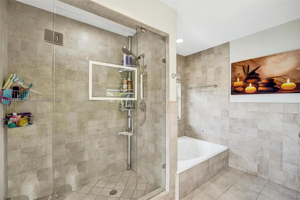 Bathroom, Glass Shower, Interior, Recessed Lighting, Stone Walls