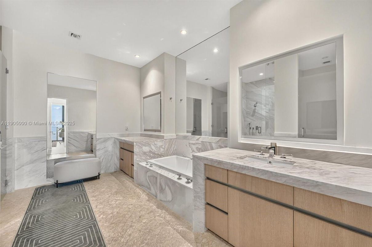 Bathroom, Dual Sink Vanities, Free Standing Baths, Interior, Marble Walls, Recessed Lighting
