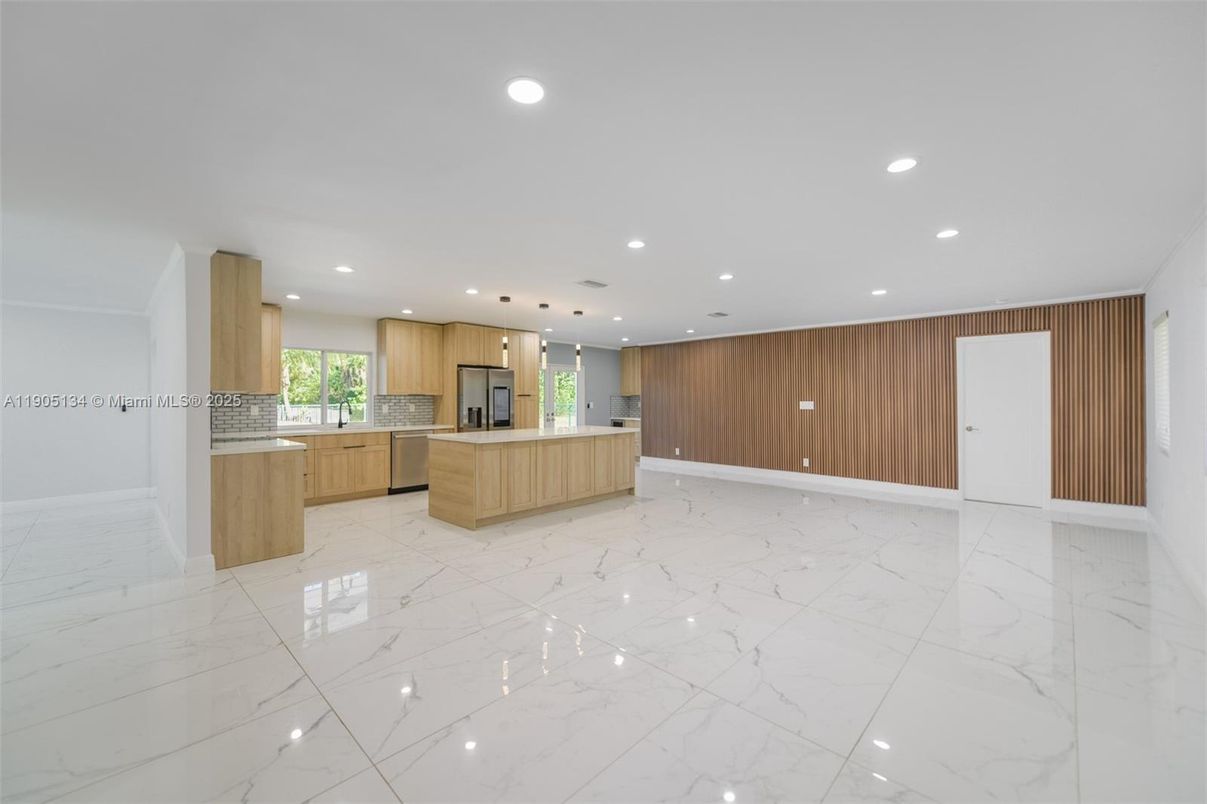 Interior, Kitchen, Marble, Pendant Lights, Recessed Lighting, Stainless Steel Appliances