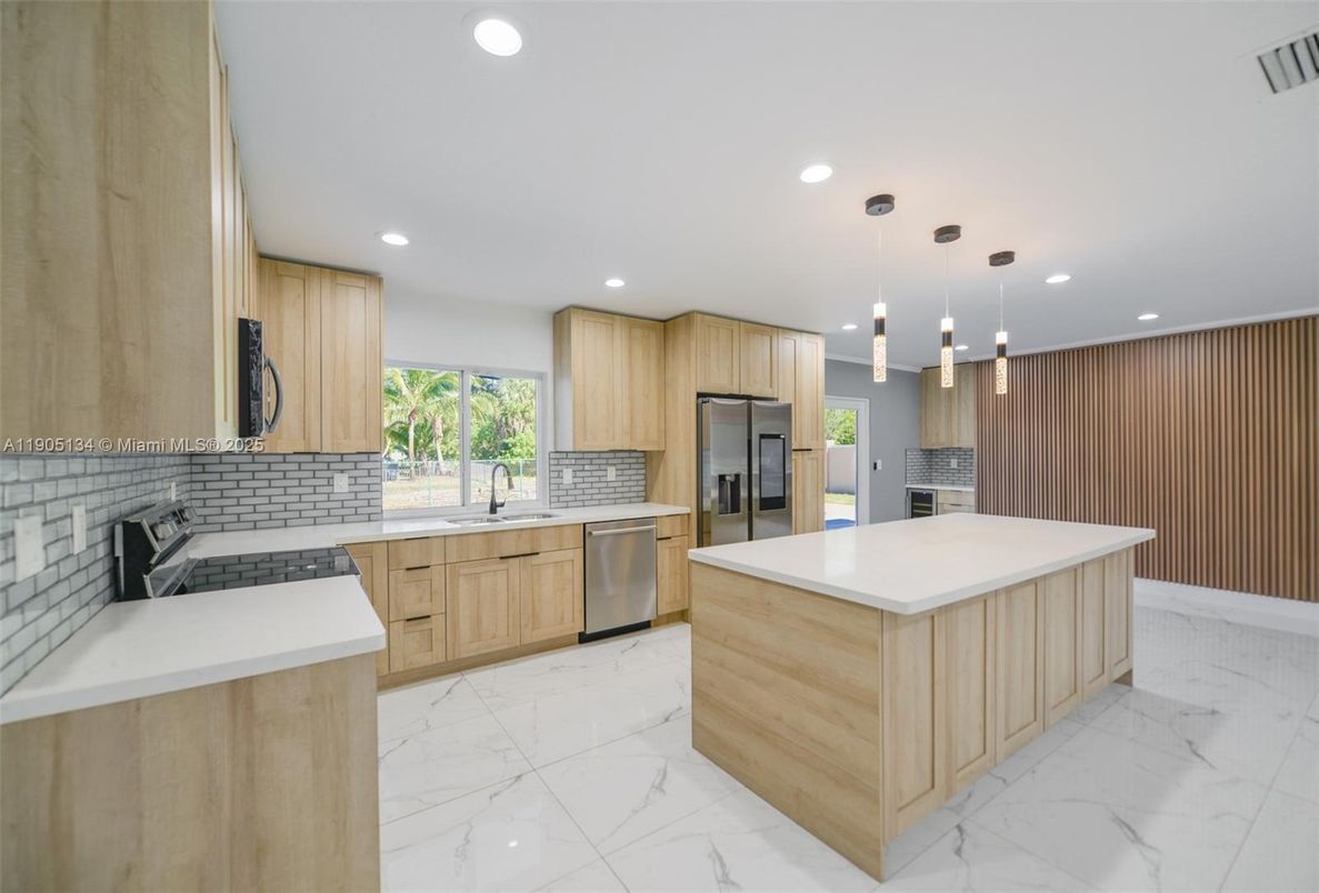 Interior, Kitchen, Marble, Pendant Lights, Recessed Lighting, Stainless Steel Appliances