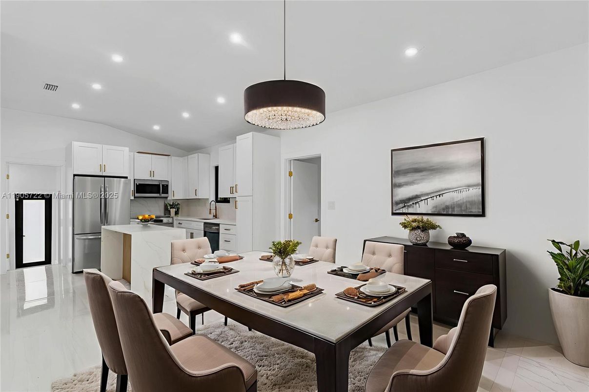 Dining room, Interior, Kitchen, Marble, Pendant Lights, Recessed Lighting, Stainless Steel Appliances