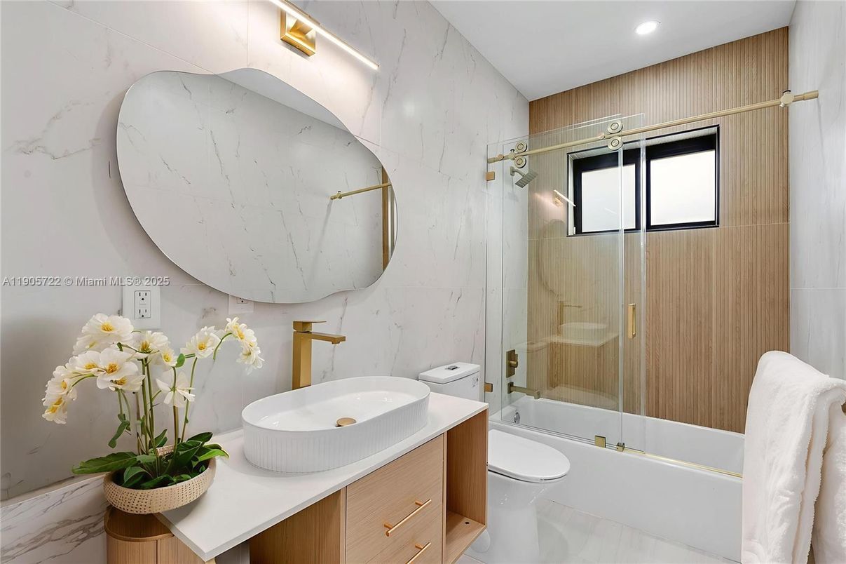 Bathroom, Glass Shower, Interior, Marble Walls, Recessed Lighting