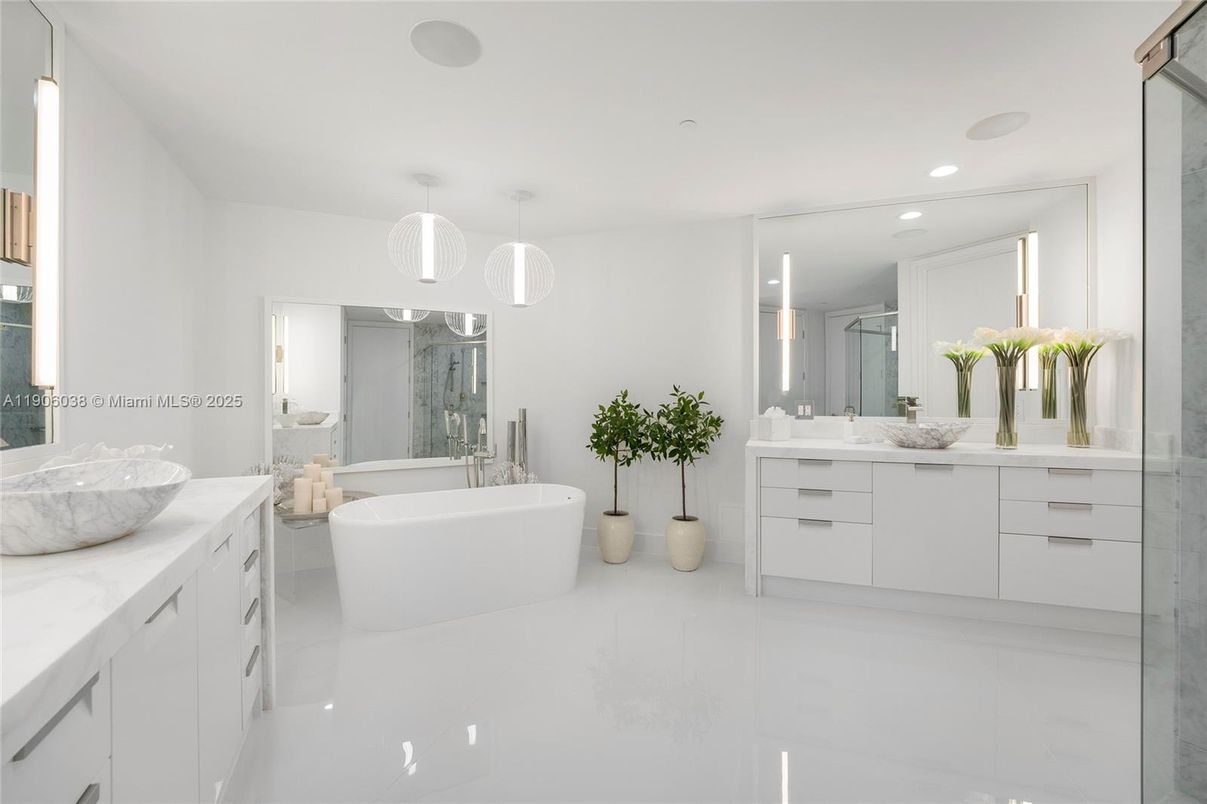 Bathroom, Dual Sink Vanities, Free Standing Baths, Interior, Marble, Pendant Lights, Recessed Lighting