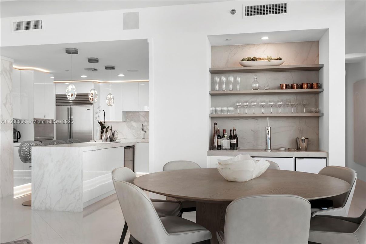 Dining room, Interior, Kitchen, Marble Walls, Pendant Lights, Recessed Lighting, Stainless Steel Appliances