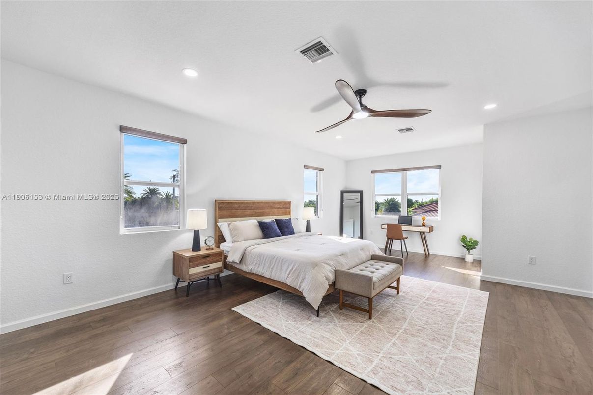 Bedroom, Interior, Recessed Lighting, Wood Texture Flooring