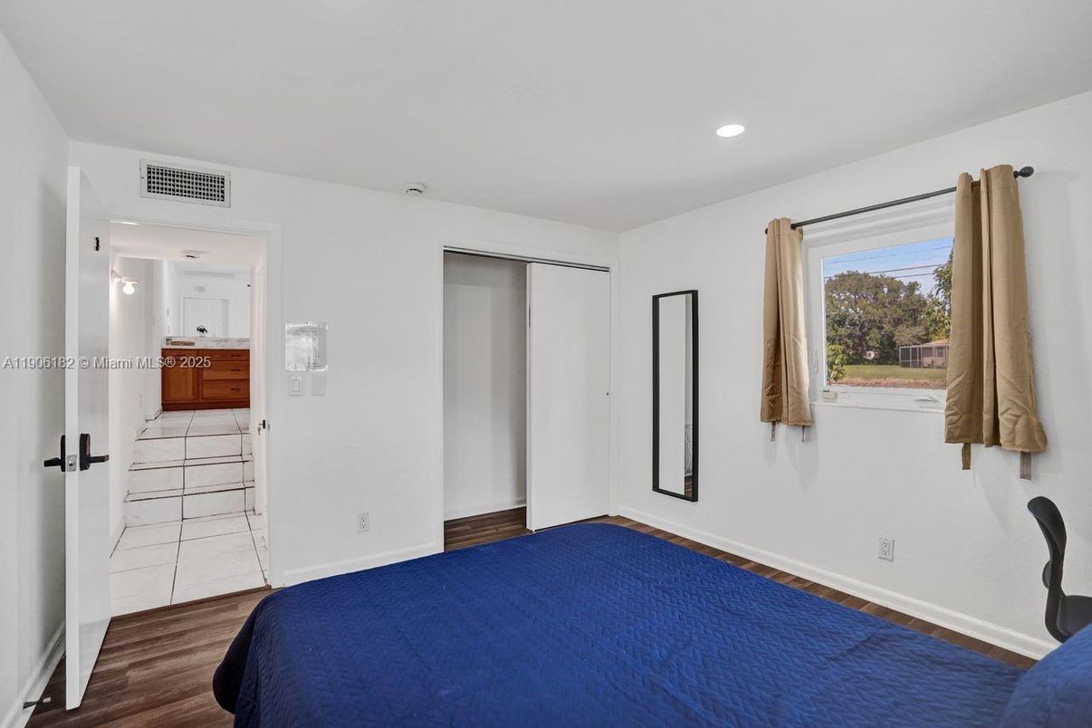 Bedroom, Empty room, Interior, Recessed Lighting, Wood Texture Flooring