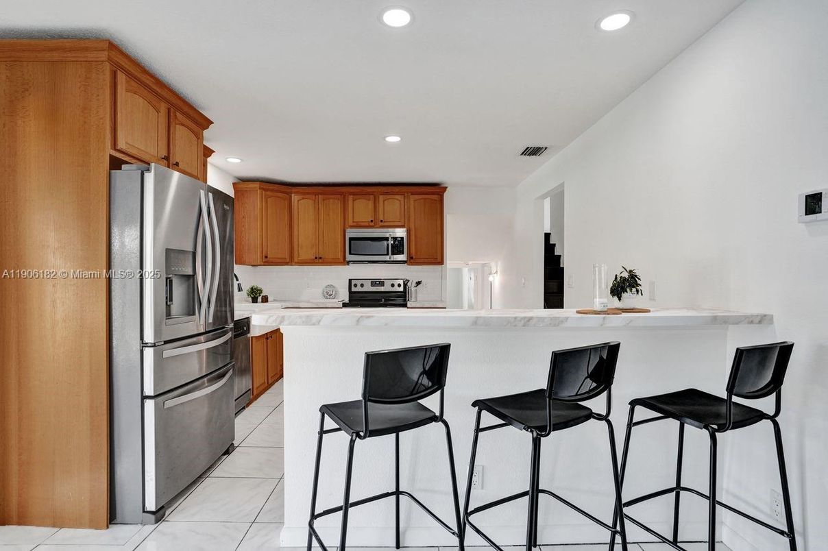 Interior, Kitchen, Marble, Recessed Lighting, Stainless Steel Appliances