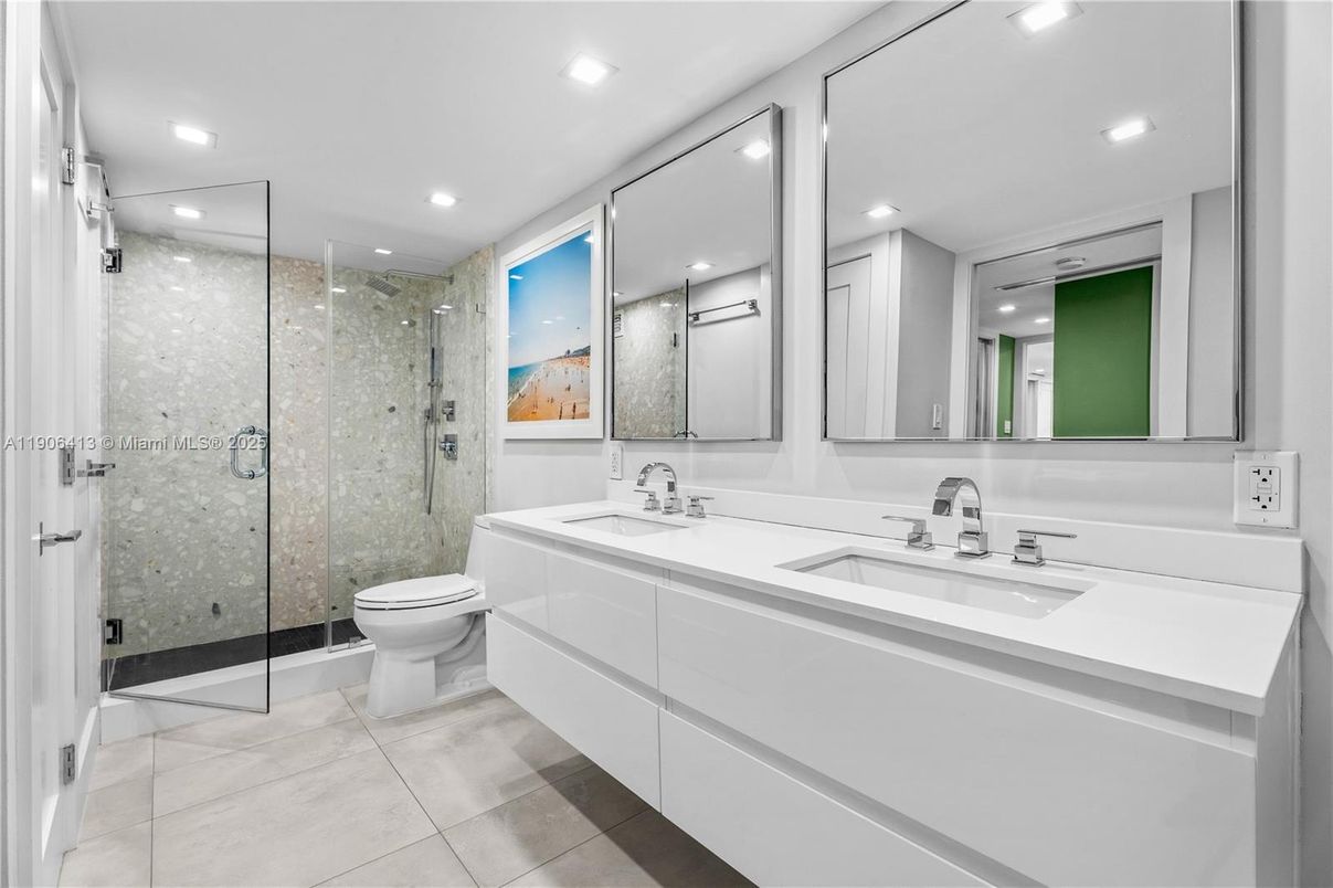 Bathroom, Dual Sink Vanities, Glass Shower, Interior, Recessed Lighting