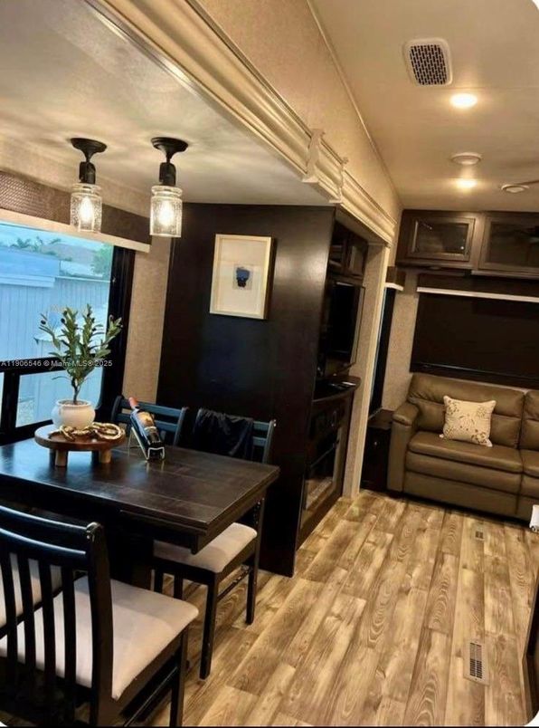 Dining room, Interior, Pendant Lights, Recessed Lighting, Wood Texture Flooring