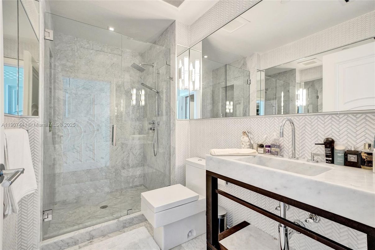 Bathroom, Glass Shower, Interior, Marble, Marble Walls, Recessed Lighting
