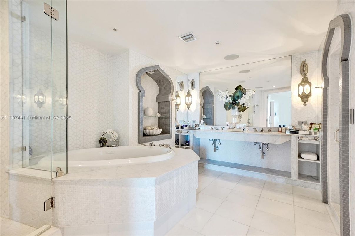 Bathroom, Dual Sink Vanities, Glass Shower, Interior, Recessed Lighting