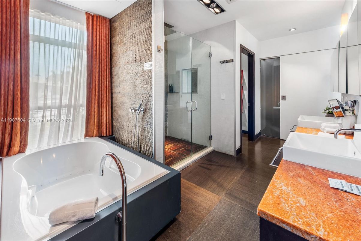 Bathroom, Glass Shower, Interior, Recessed Lighting, Wood Texture Flooring