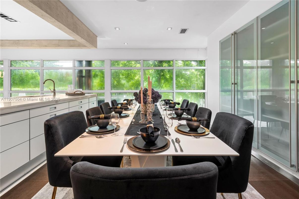 Dining room, Interior, Recessed Lighting, Wood Texture Flooring