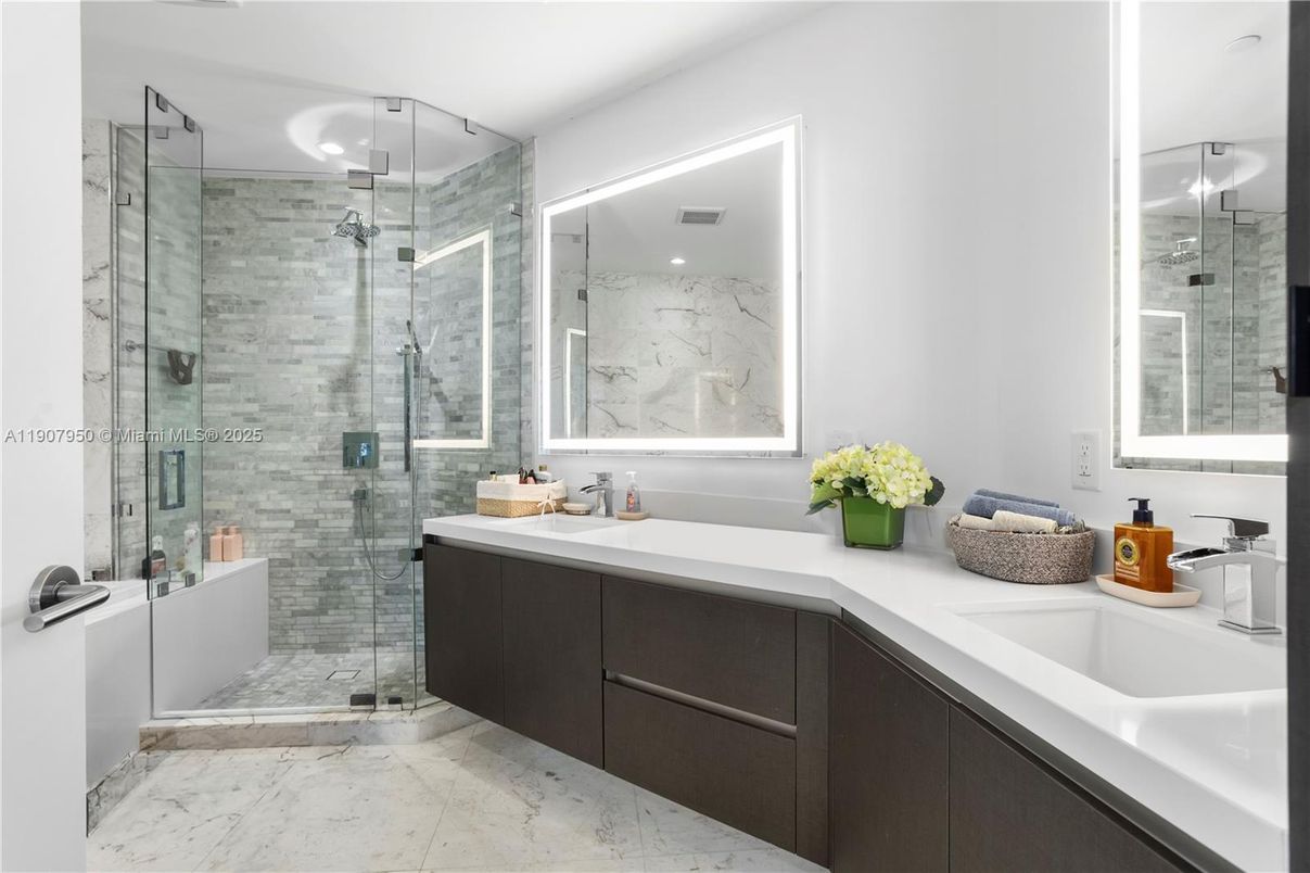Bathroom, Dual Sink Vanities, Glass Shower, Interior, Marble, Marble Walls, Recessed Lighting