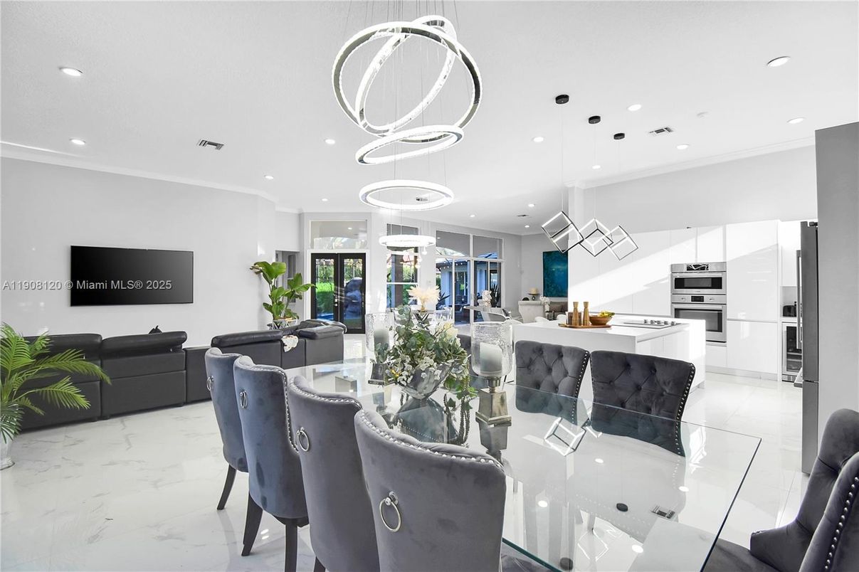 Dining room, Interior, Kitchen, Living room, Marble, Pendant Lights, Recessed Lighting, Stainless Steel Appliances