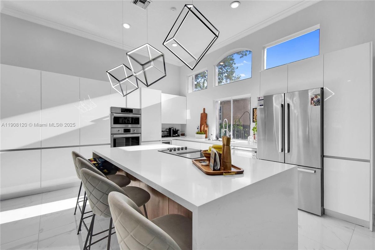 Interior, Kitchen, Marble, Pendant Lights, Recessed Lighting, Stainless Steel Appliances