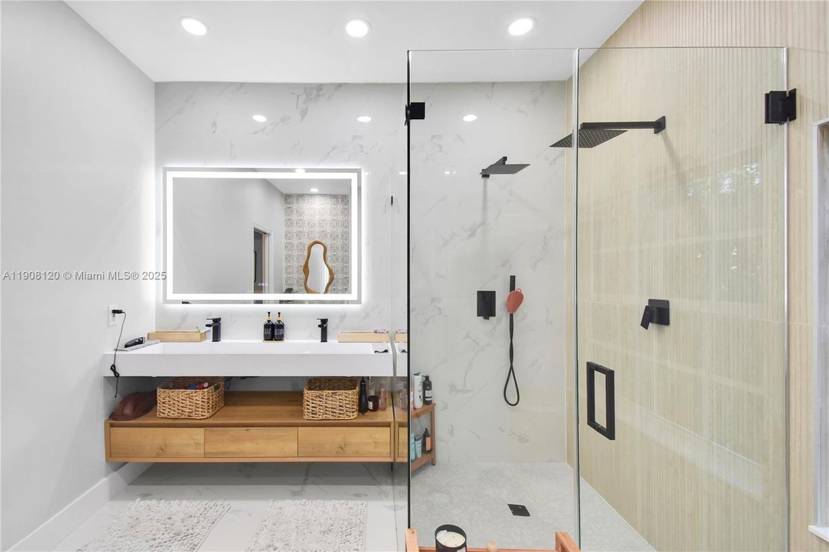 Bathroom, Glass Shower, Interior, Marble Walls, Recessed Lighting