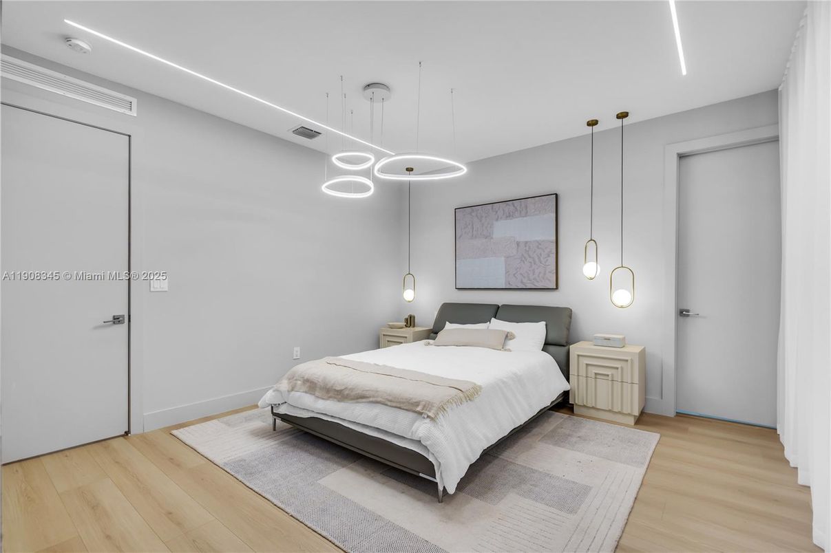 Bedroom, Interior, Pendant Lights, Wood Texture Flooring