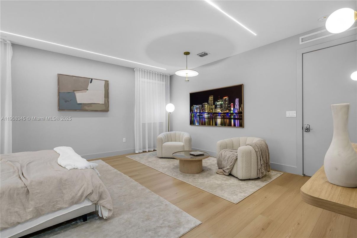 Bedroom, Interior, Pendant Lights, Recessed Lighting, Wood Texture Flooring