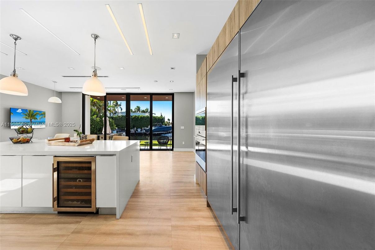Interior, Kitchen, Pendant Lights, Recessed Lighting, Stainless Steel Appliances, Water, Wood Texture Flooring