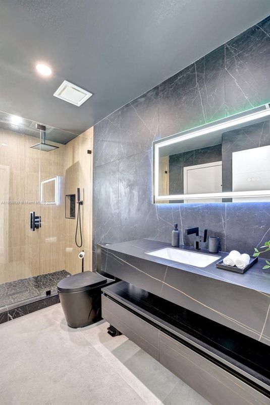Bathroom, Glass Shower, Interior, Marble Walls, Recessed Lighting