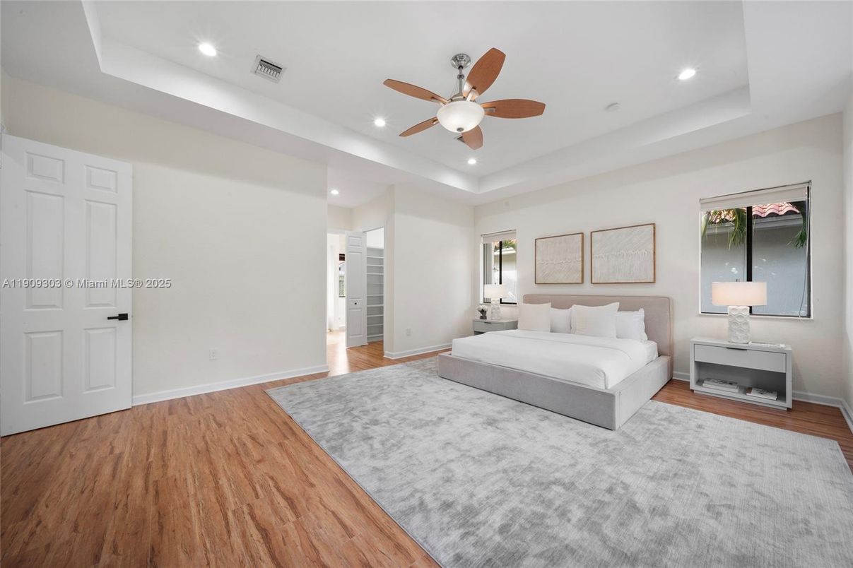 Bedroom, Interior, Recessed Lighting, Wood Texture Flooring