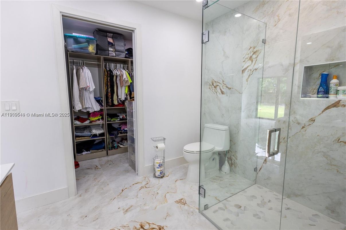 Bathroom, Glass Shower, Interior, Marble, Marble Walls, Recessed Lighting, Walk-in Closets