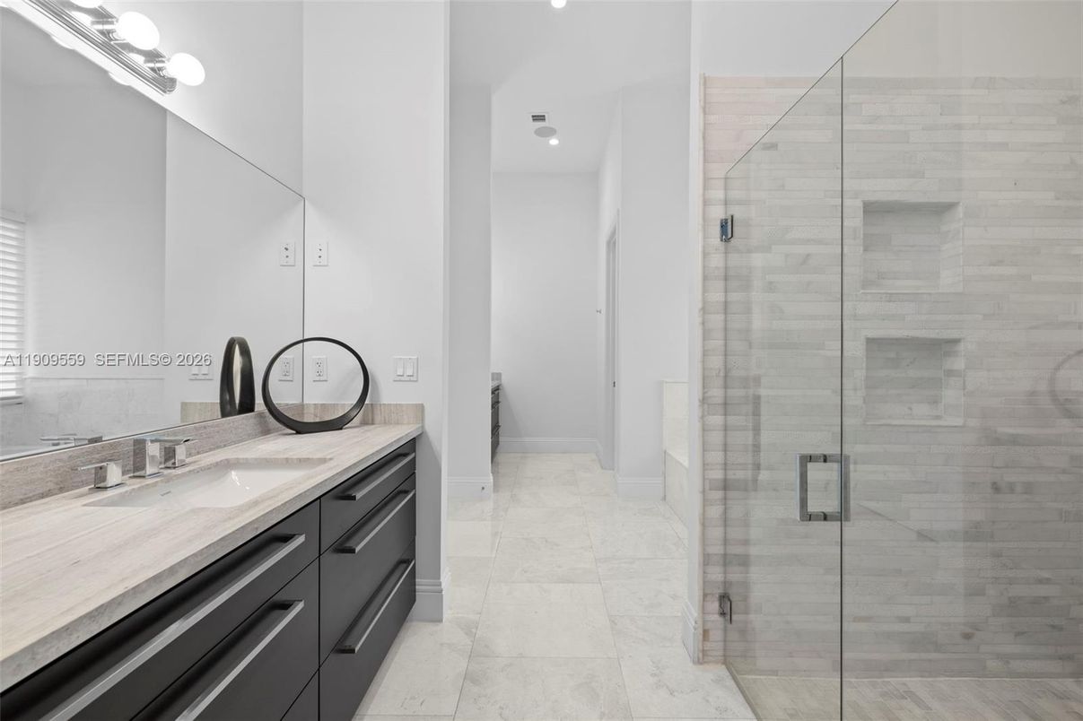 Bathroom, Dual Sink Vanities, Glass Shower, Interior, Recessed Lighting