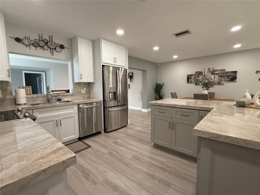 Interior, Kitchen, Recessed Lighting, Stainless Steel Appliances, Wood Texture Flooring