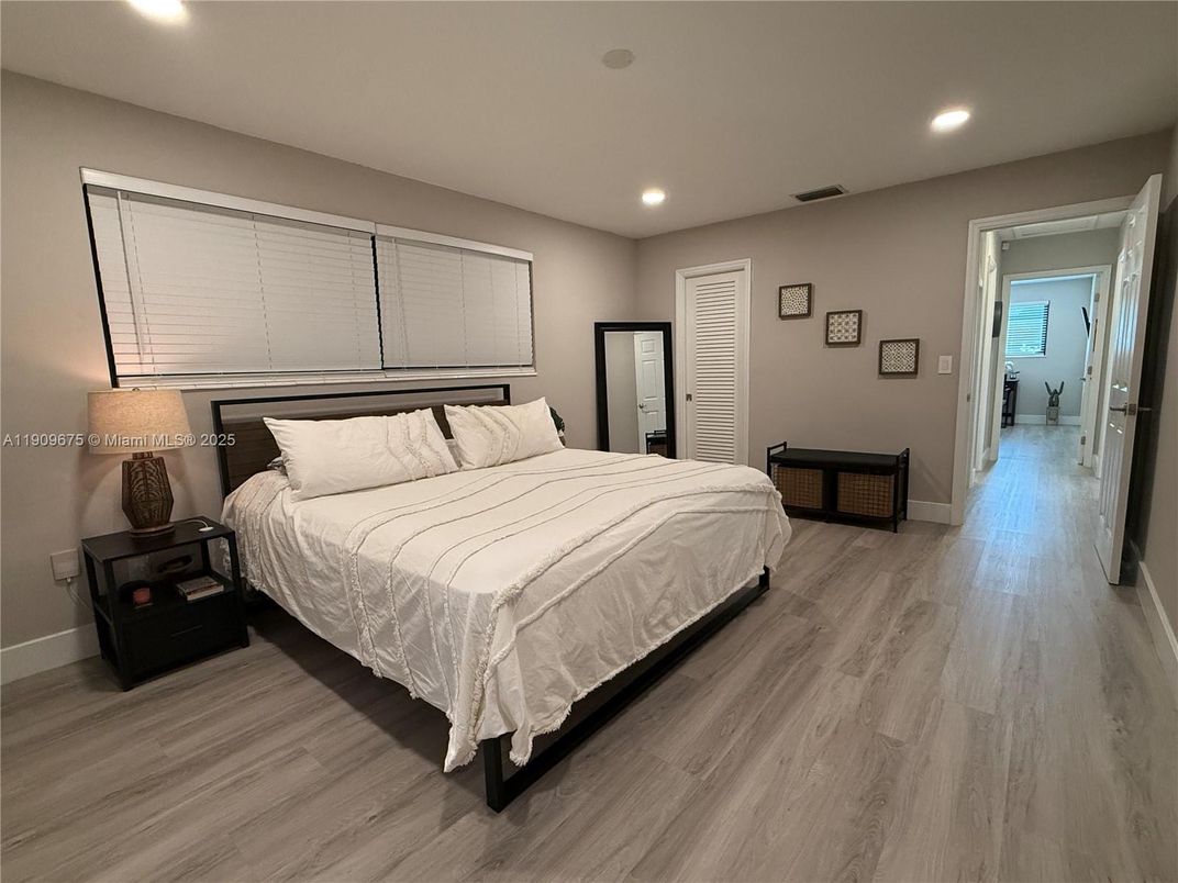 Bedroom, Interior, Recessed Lighting, Wood Texture Flooring