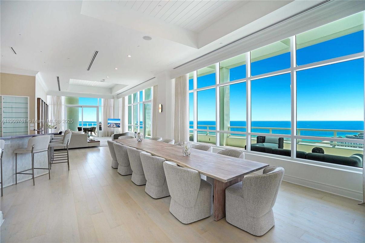 Dining room, Interior, Living room, Recessed Lighting, Water, Wood Texture Flooring