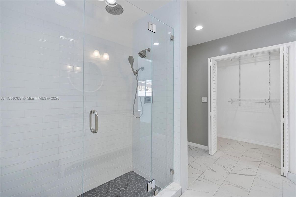 Bathroom, Glass Shower, Interior, Marble, Recessed Lighting