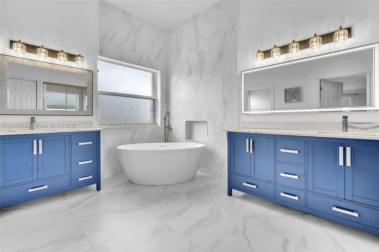 Bathroom, Dual Sink Vanities, Free Standing Baths, Interior, Marble, Marble Walls