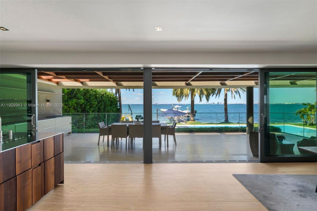 Dining room, Interior, Recessed Lighting, Water, Wooden Beams, Wood Texture Flooring