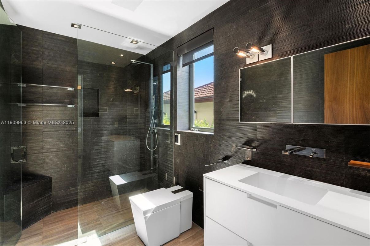 Bathroom, Glass Shower, Interior, Wood Texture Flooring