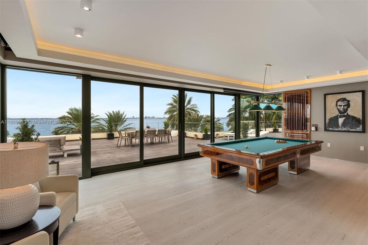 Billiard Table, Game Room, Interior, Pendant Lights, Recessed Lighting, Water, Wood Texture Flooring