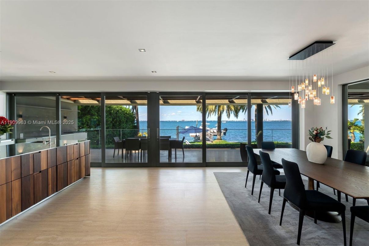 Dining room, Interior, Pendant Lights, Recessed Lighting, Water, Wood Texture Flooring
