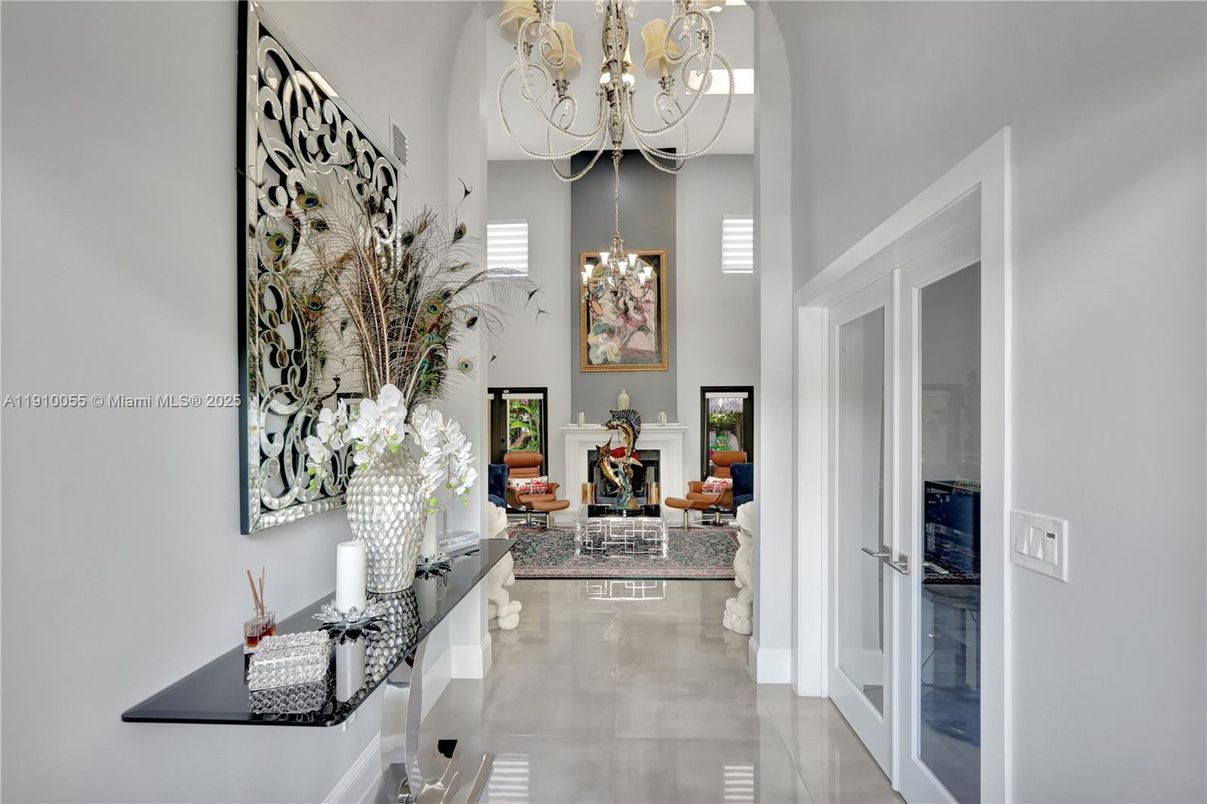 Chandelier, Fireplace, Interior