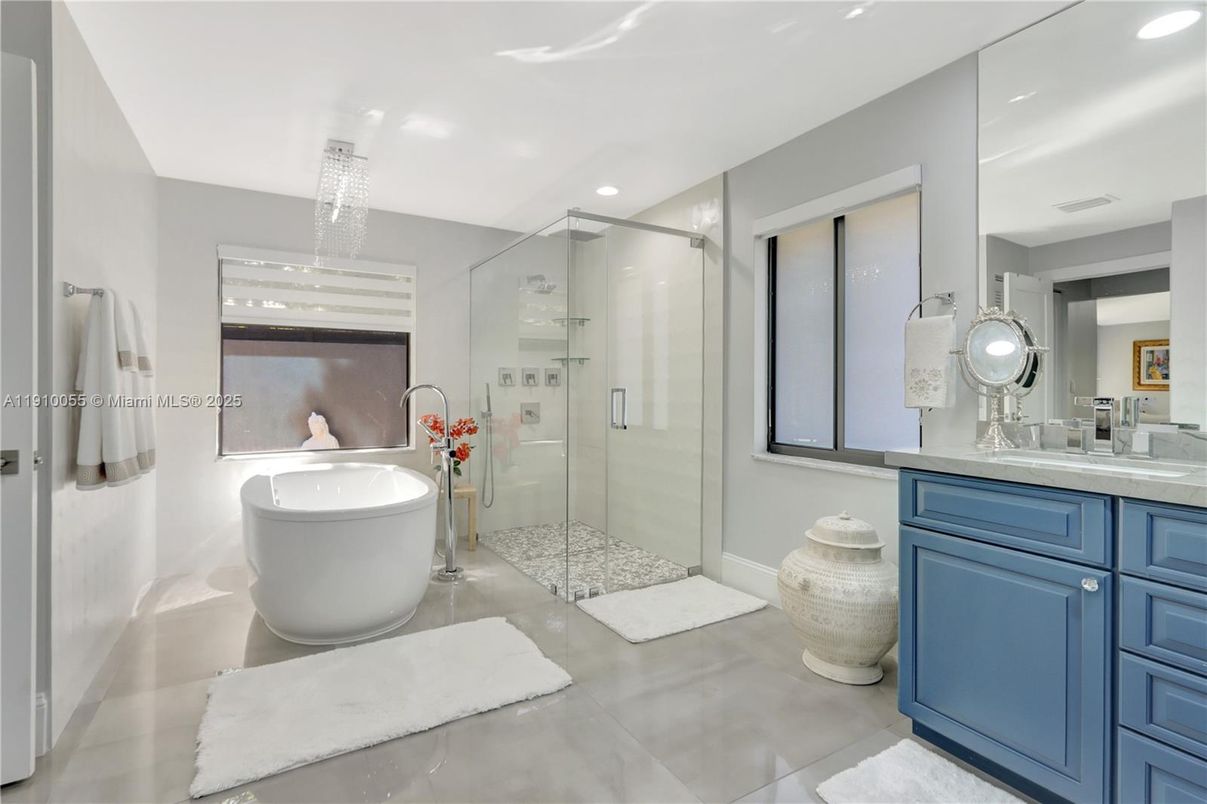 Bathroom, Free Standing Baths, Glass Shower, Interior, Recessed Lighting