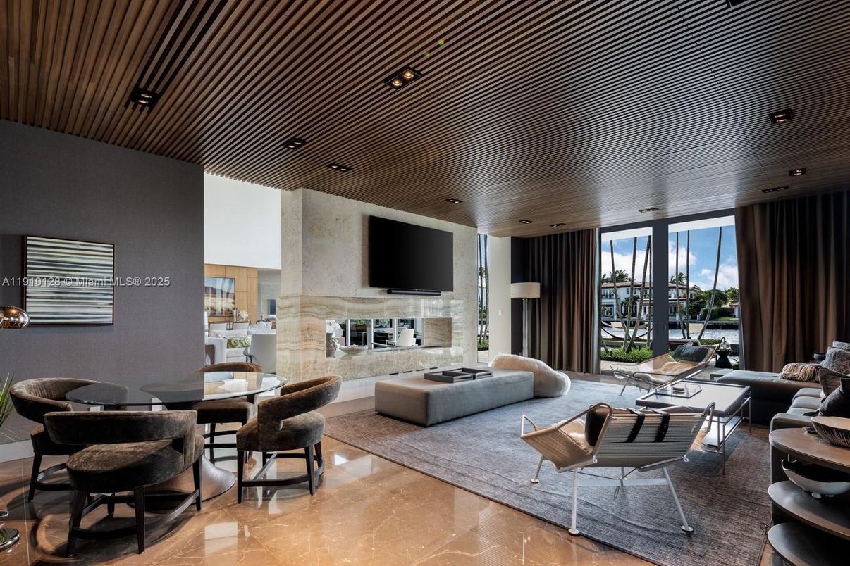 Dining room, Fireplace, Interior, Living room, Recessed Lighting, Water