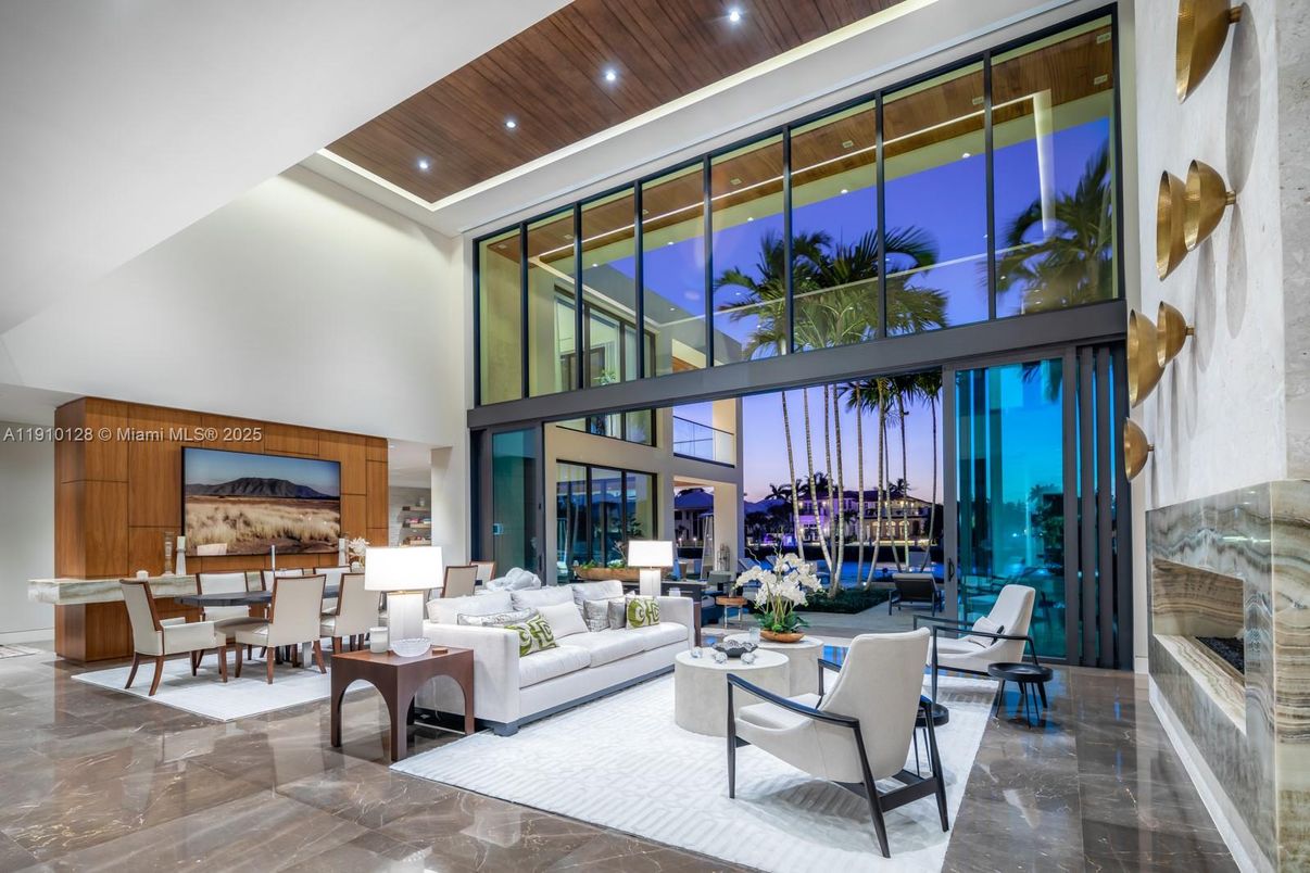 Dining room, Fireplace, Interior, Living room, Recessed Lighting, Wooden Ceilings