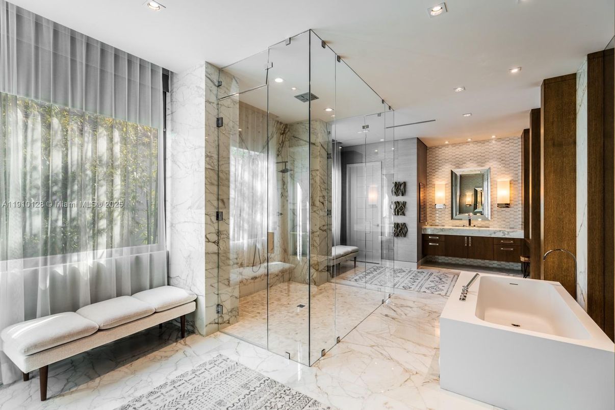 Bathroom, Glass Shower, Interior, Marble, Marble Walls, Recessed Lighting
