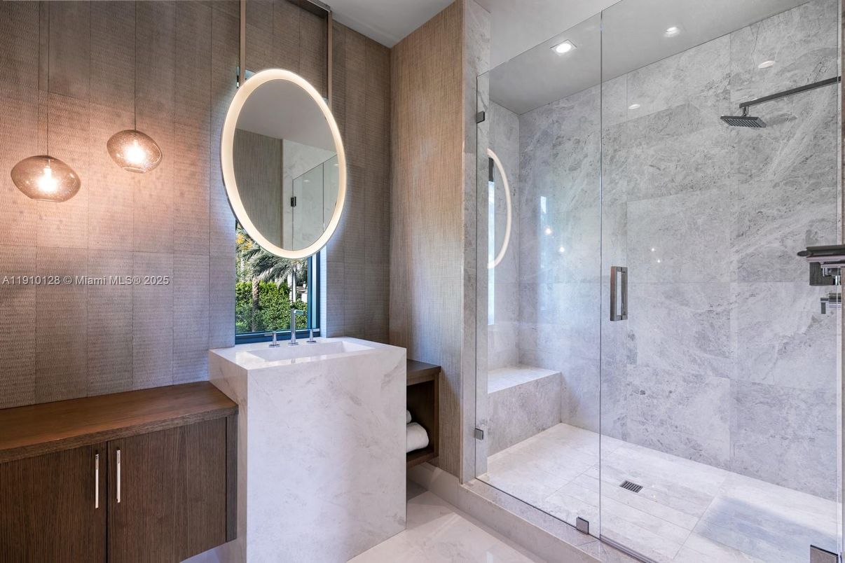 Bathroom, Glass Shower, Interior, Marble Walls, Recessed Lighting
