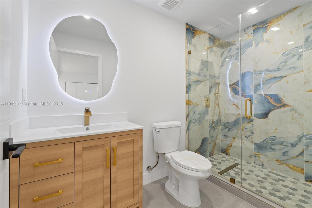 Bathroom, Glass Shower, Interior, Marble Walls, Recessed Lighting