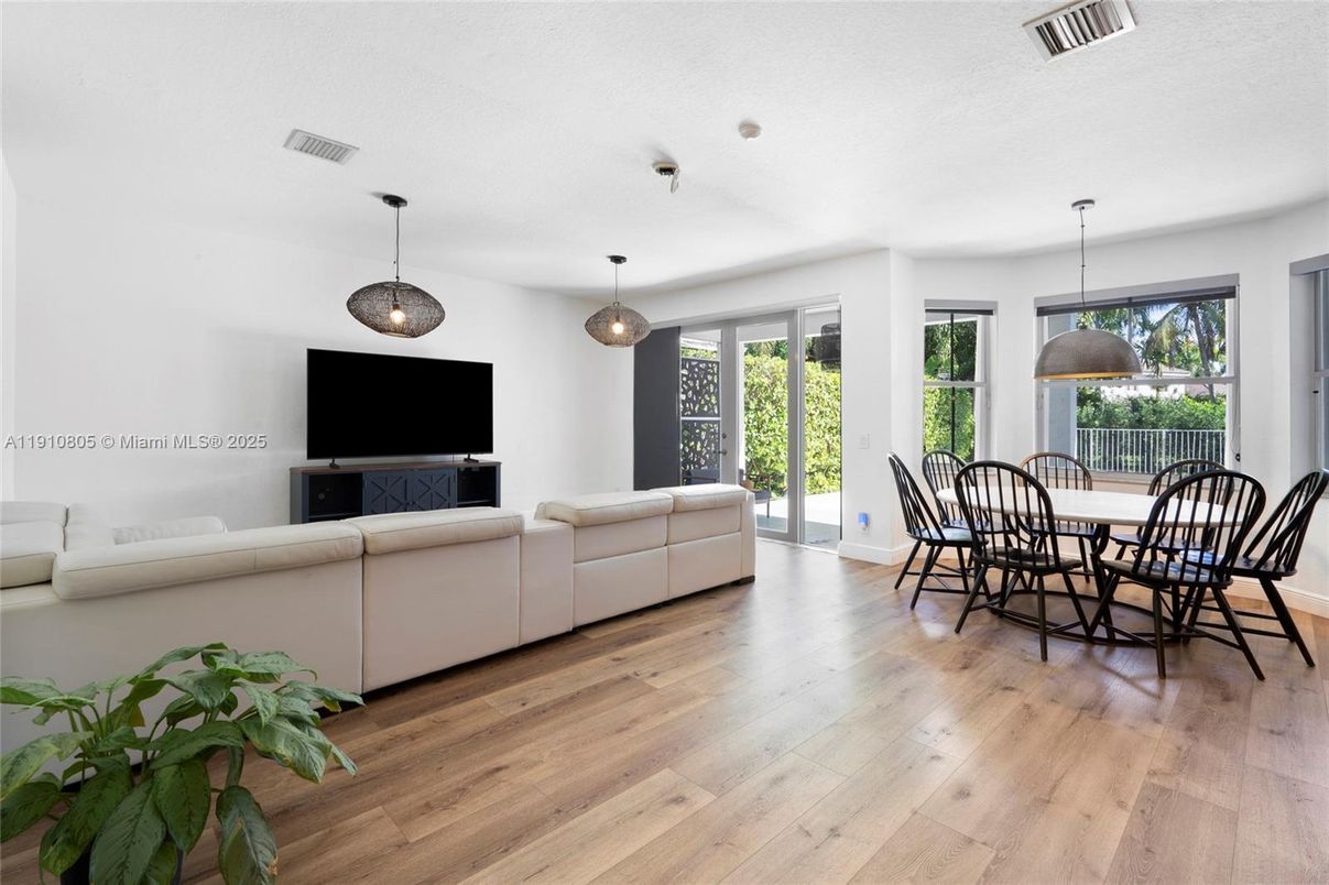 Dining room, Interior, Living room, Pendant Lights, Wood Texture Flooring
